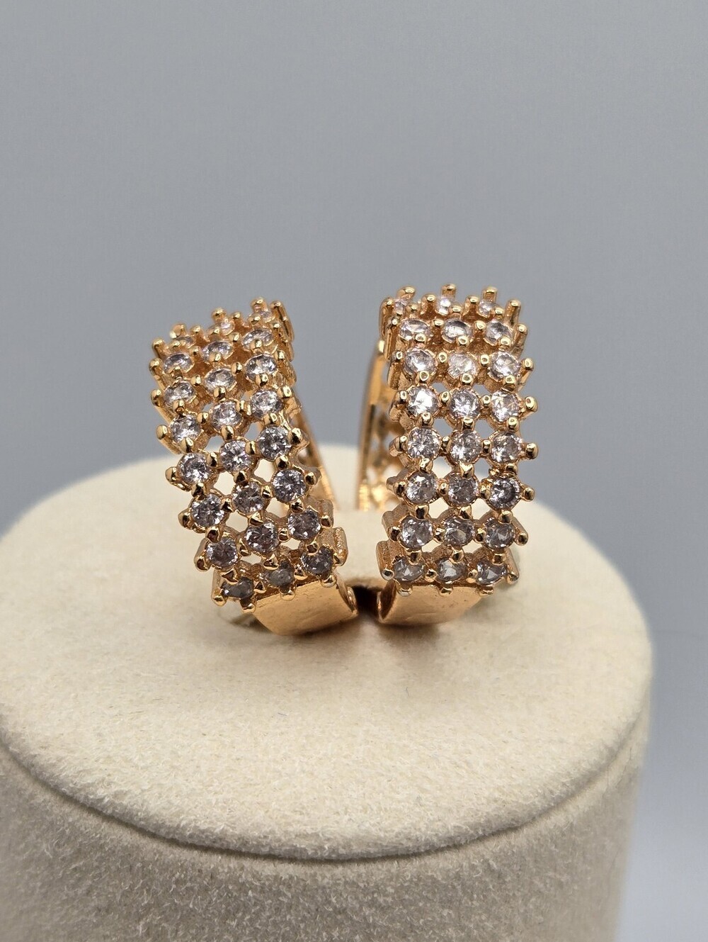 Gold Tone Pavé CZ Triple Row Hoop Earrings C-Shaped Huggie 3.4" Statement New